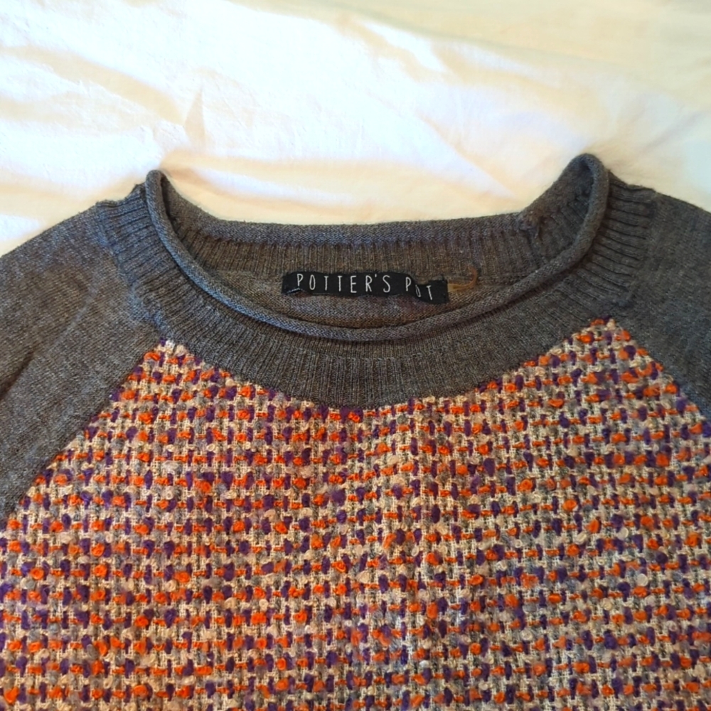 Potter's Pot - raglan sweater with tweed front, plain gray sleeves and back - S